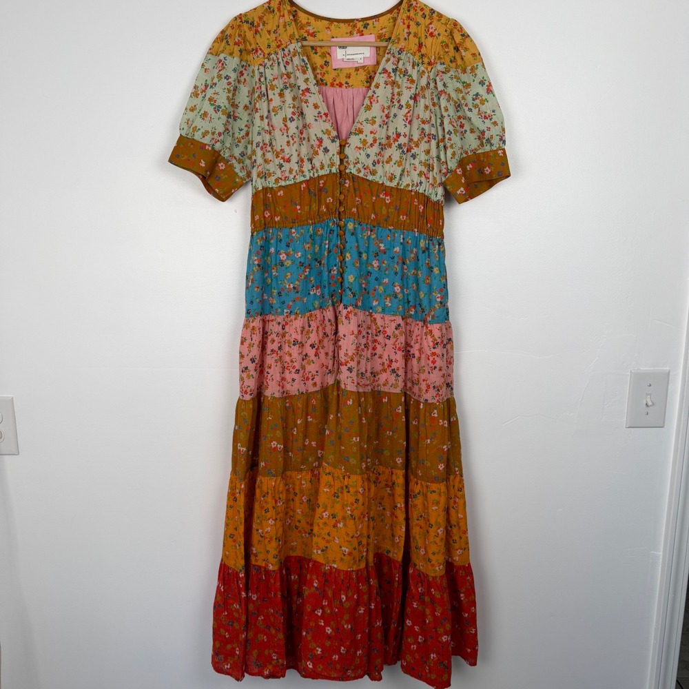 Anthropologie Tiered And True Floral Patchwork Maxi Dress Multicolor Cotton Sz M